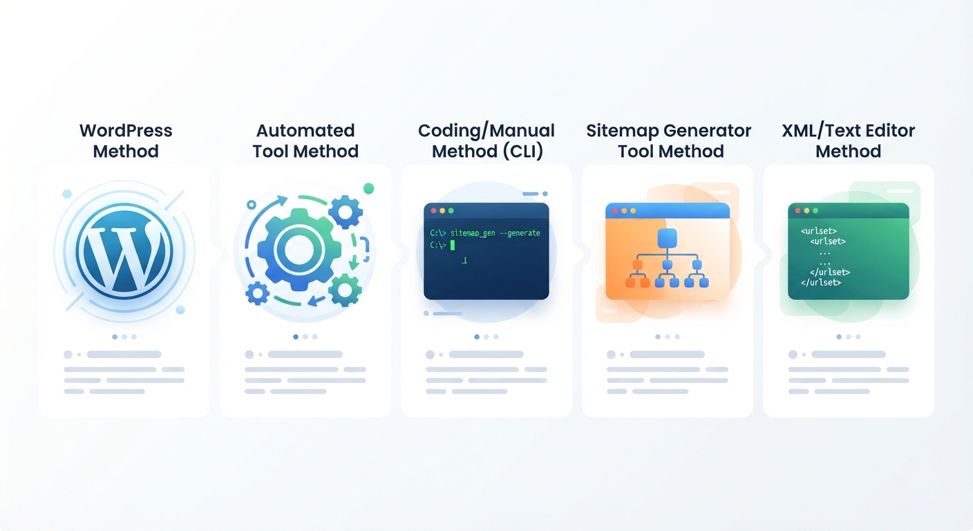 5 farklı site haritası oluşturma yöntemini gösteren bir infografik - her yöntem için bir ikon (WordPress logosu, dişli çark, terminal/komut satırı, tarayıcı arayüzü, kod editörü) ve kısa açıklama. Renk paleti: mavi, turuncu, yeşil. Modern düz tasarım stili, beyaz arka plan.