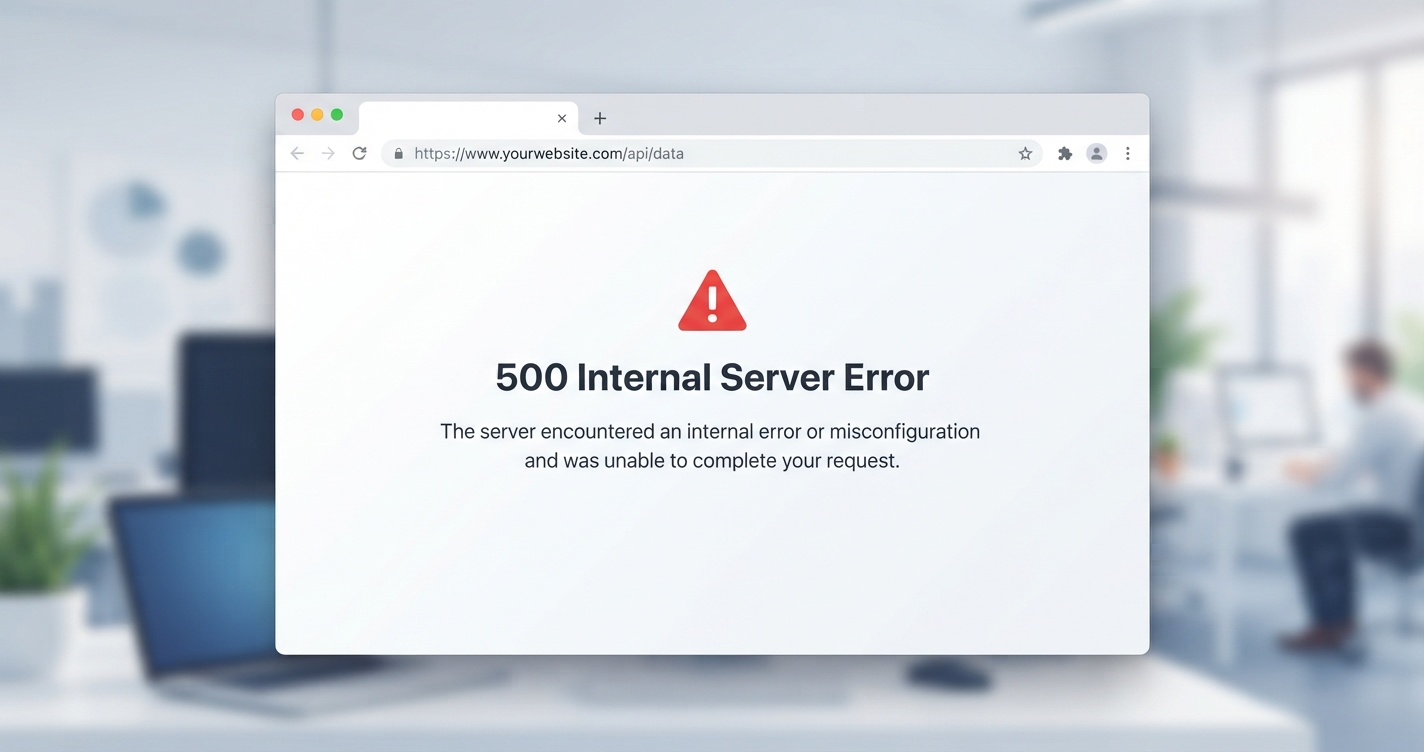 500 Internal Server Error hata mesajının bir web tarayıcısında nasıl göründüğünü gösteren ekran görüntüsü. Tarayıcı penceresinde büyük beyaz bir arkaplan üzerinde "500 Internal Server Error" yazısı ve altında "The server encountered an internal error or misconfiguration and was unable to complete your request" şeklinde açıklama metni görünüyor. Modern Chrome tarayıcı arayüzü, adres çubuğunda sorunlu URL görünüyor. Sağ üst köşede kırmızı bir uyarı ikonu var. Görsel temiz, kurumsal ve eğitici bir tonda, 1920x1080 çözünürlükte.