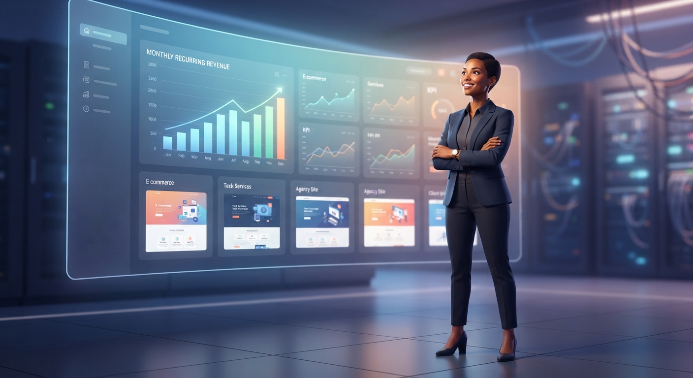 A 3D render of a business person standing confidently in front of a dashboard screen. The screen shows charts of recurring revenue and multiple client websites. In the background, faded server racks are visible. The lighting is cinematic, emphasizing success and control in the digital agency business.