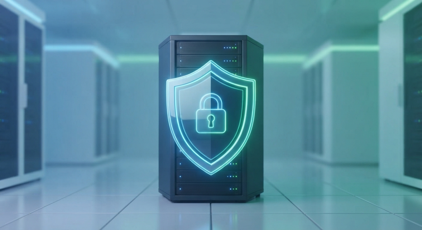A 3D render of a cybersecurity shield with a padlock, glowing in neon blue and green, protecting a server rack. The text 'Rspamd & Fail2Ban' subtly integrated into the design, modern tech aesthetic.