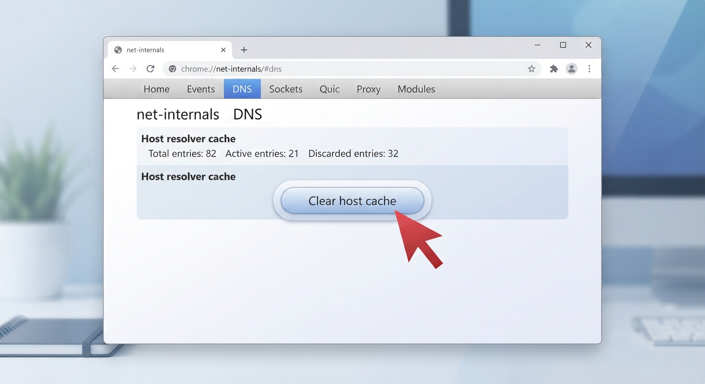 A clean screenshot of the Google Chrome browser showing the 'chrome://net-internals/#dns' page. A red cursor arrow is pointing to the 'Clear host cache' button. The interface is modern and clear.