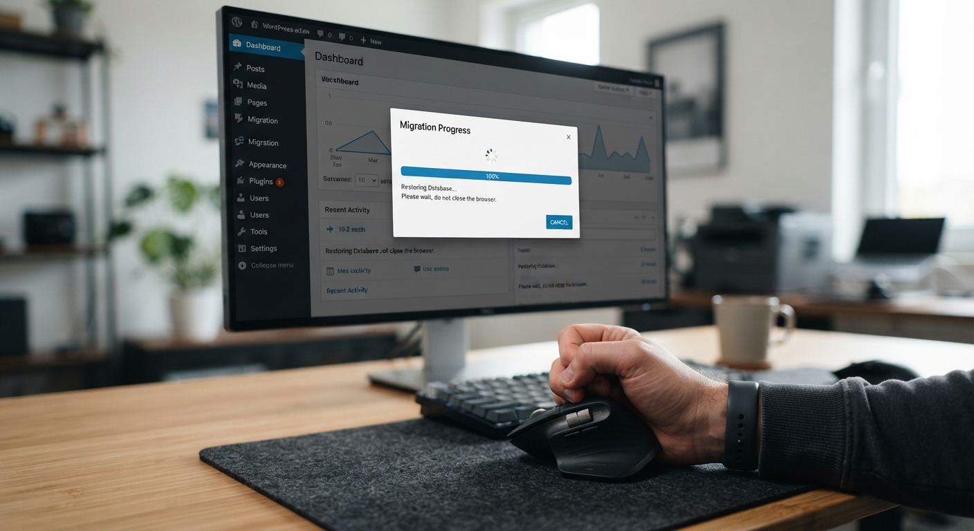 A close-up of a computer monitor displaying a WordPress admin dashboard. In the center, a modal window shows a migration progress bar stuck exactly at 100% with the text "Restoring Database...". The user's hand is visible in the foreground, holding a mouse tightly, conveying frustration. Realistic, sharp focus on the screen text.