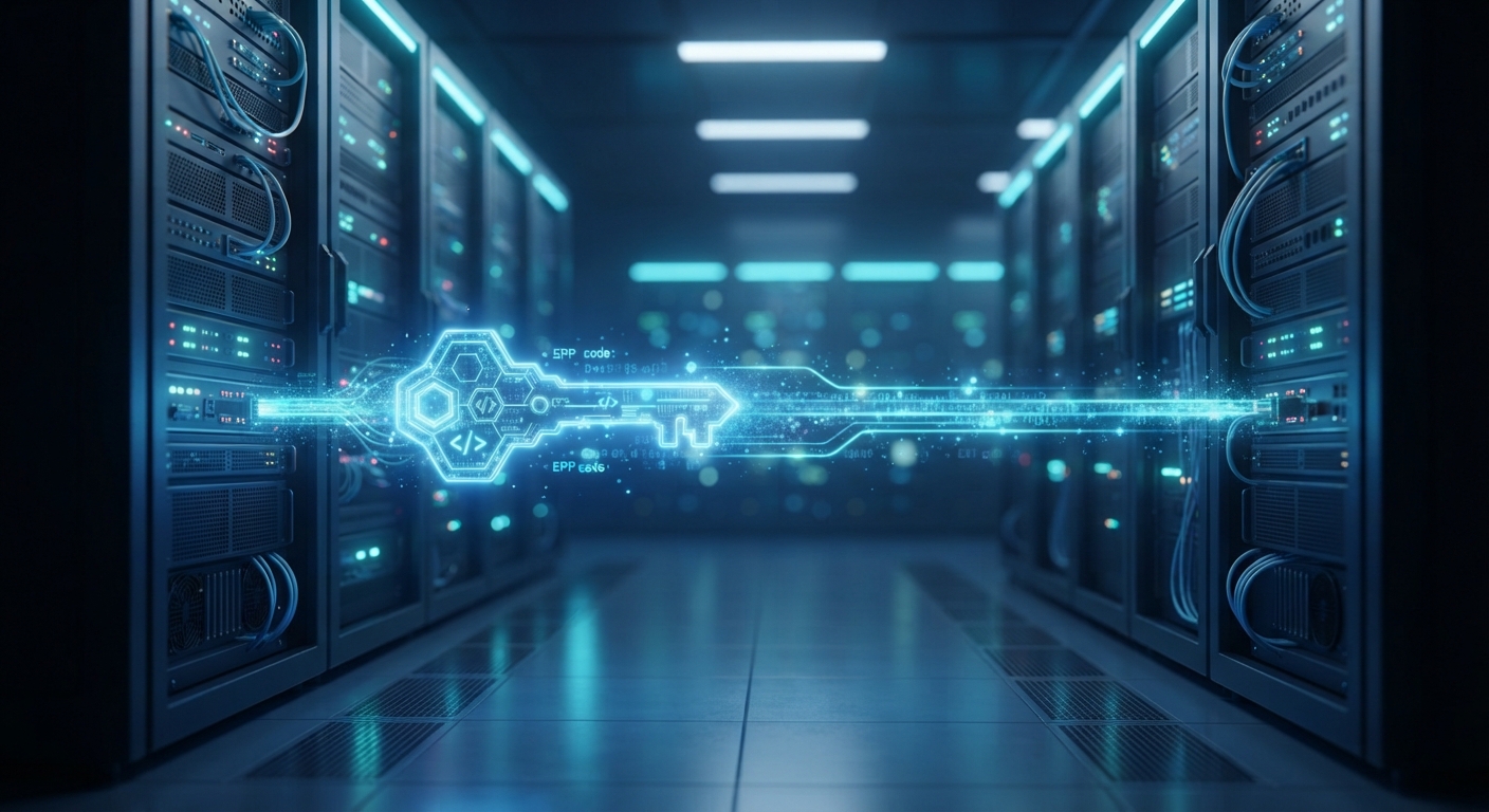 A conceptual 3D illustration of a glowing digital key (EPP code) being securely transferred from one server rack to another. Blue and cyan neon lights, high-tech server room environment, emphasizing security and seamless data migration.