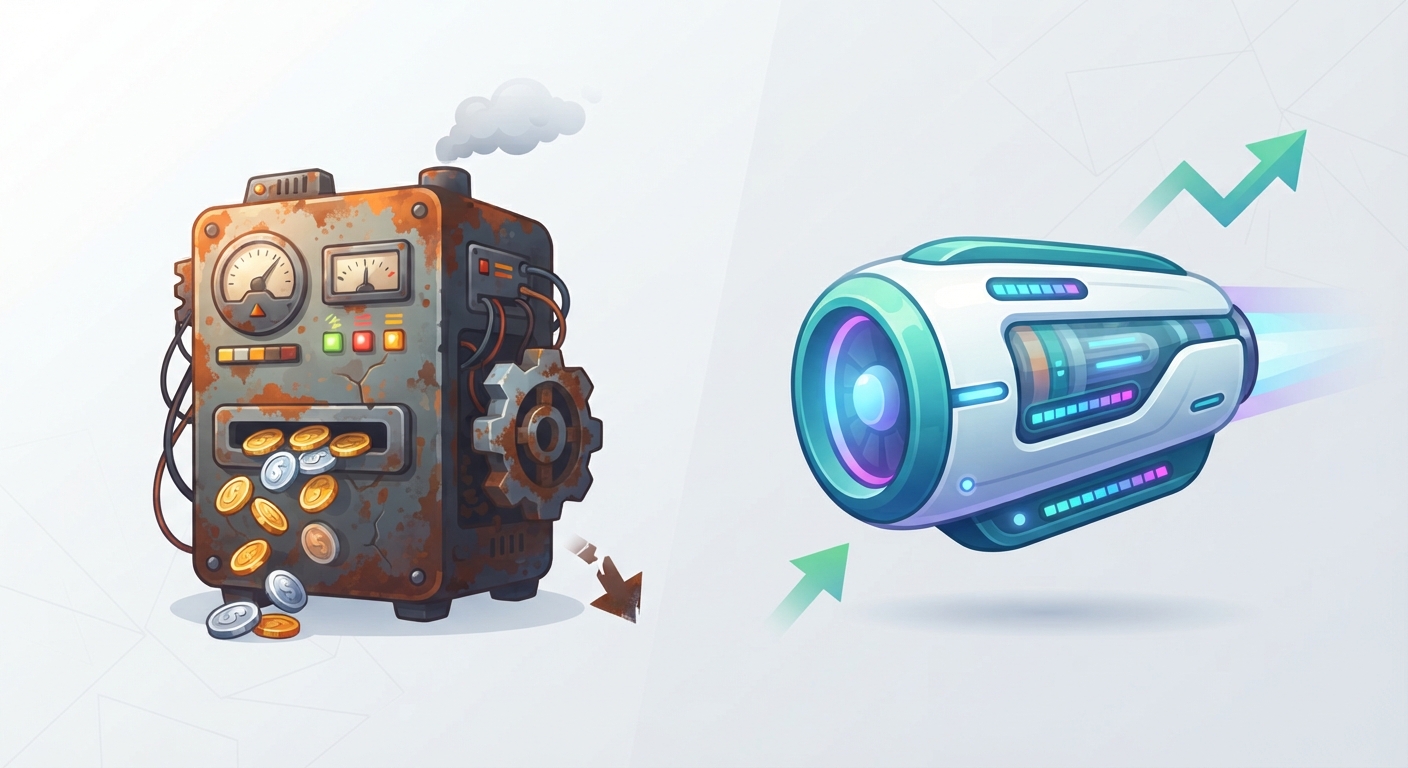 A conceptual illustration comparing a heavy, expensive control panel (represented by a rusty, slow, coin-eating machine) with KeyHelp (represented by a sleek, glowing, fast, and modern aerodynamic engine), clean vector style, vivid colors.