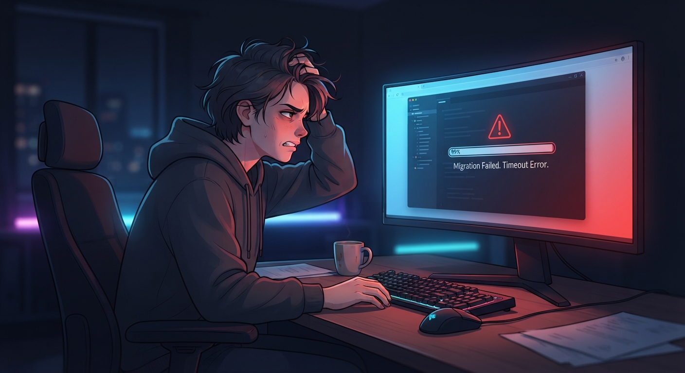 A frustrated web developer sitting in a dark room at night, staring at a computer screen showing a loading bar stuck at 99% with a red error icon. The screen illuminates their face. Cinematic lighting, photorealistic, high detail, 8k resolution, cyberpunk color palette (neon blues and reds) reflecting the stress of website migration failure.