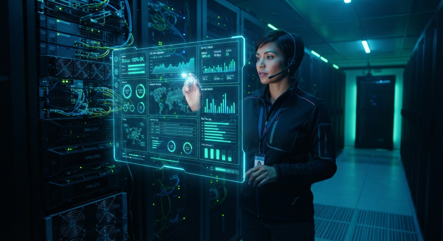 A futuristic and modern web server control panel interface displayed on a glowing holographic screen, sysadmin working in a high-tech server room, dark background with neon blue and green accents, highly detailed, 8k resolution, photorealistic.