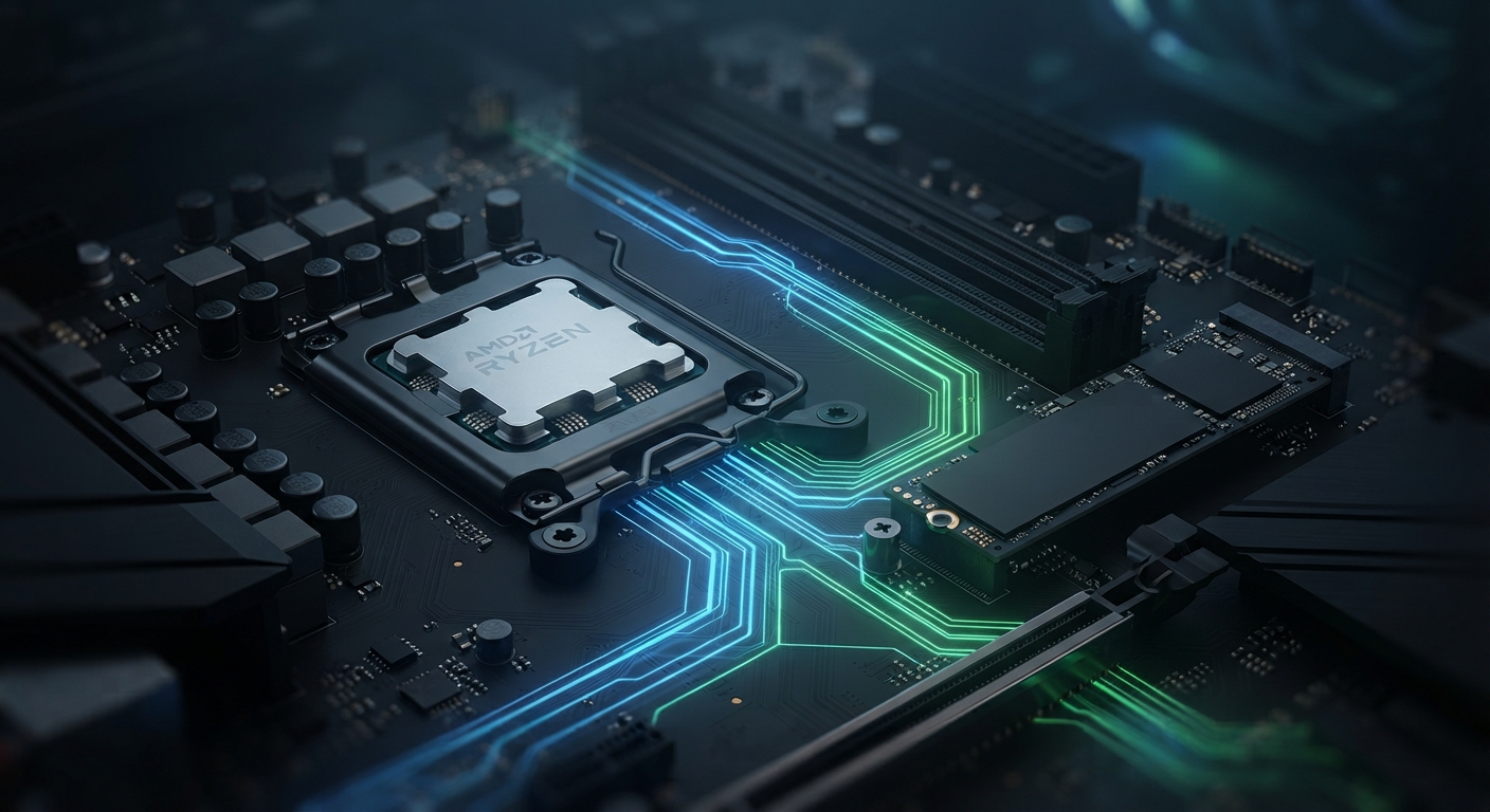A high-quality macro shot of a computer motherboard focusing on a modern AMD Ryzen processor and an NVMe SSD stick. Glowing blue and green data lines flow through the circuits, symbolizing extreme speed and high performance. The lighting should be dark and moody with neon accents.