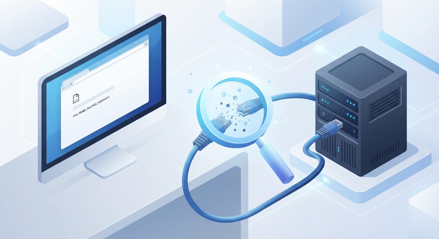 A high-quality, modern 3D isometric illustration showing a computer monitor displaying the DNS_PROBE_FINISHED_NXDOMAIN error. A stylized magnifying glass is inspecting a broken digital network cable connected to a server. Colors: SaviorHost brand blues, white, and dark gray. Highly detailed, tech-focused.