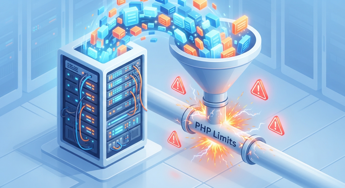 A highly detailed infographic style illustration showing a server rack overloading. A funnel represents a WordPress migration plugin trying to squeeze a massive amount of data (represented by glowing digital blocks) into a tiny pipe labeled 'PHP Limits'. Sparks and warning signs appear around the pipe. 3D isometric style, modern tech aesthetic, blue and orange color scheme.
