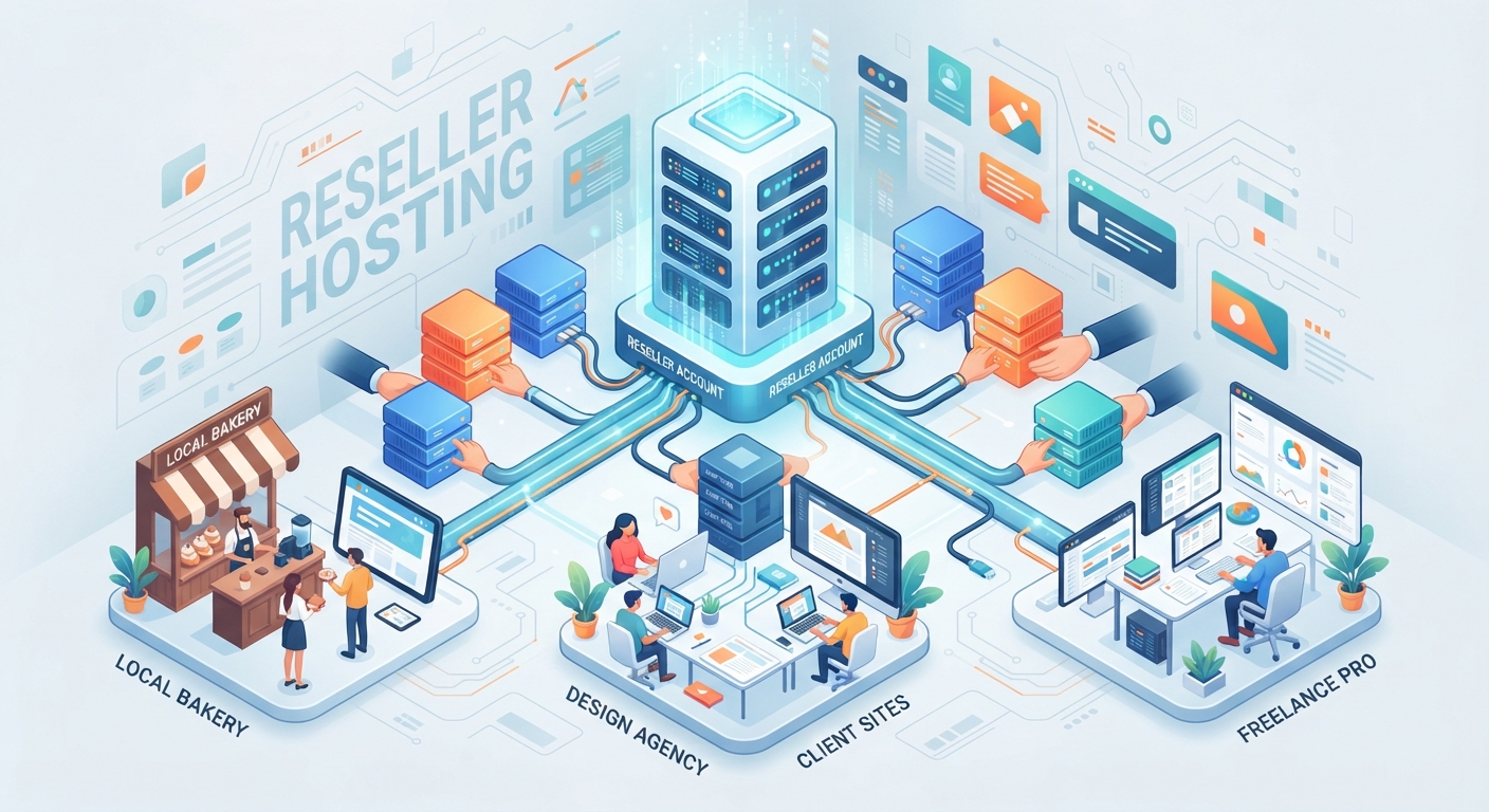A highly detailed, modern isometric illustration showing a large central server tower being divided into smaller, colorful server boxes, which are then handed out to various small businesses and web designers. The color palette should be professional blues and energetic oranges, with a clean, tech-focused aesthetic. The text "Reseller Hosting" is subtly integrated into the background.