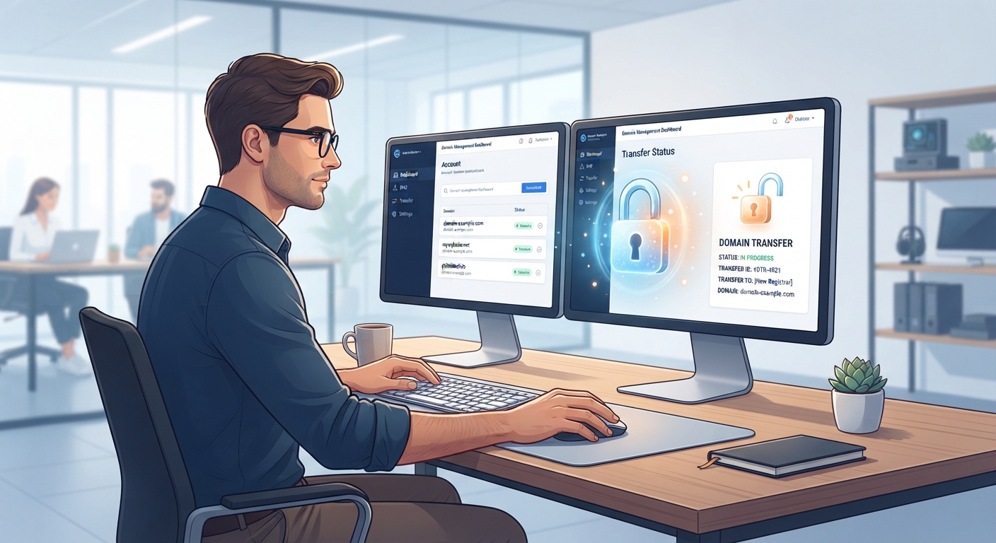 A professional web developer sitting at a modern desk, looking at a dual-monitor setup showing a domain management dashboard. The screen displays a padlock icon being unlocked, symbolizing the domain transfer process. Bright, clean, corporate lighting. The phrase "domain transferi nasıl yapılır" is subtly integrated into the dashboard UI.