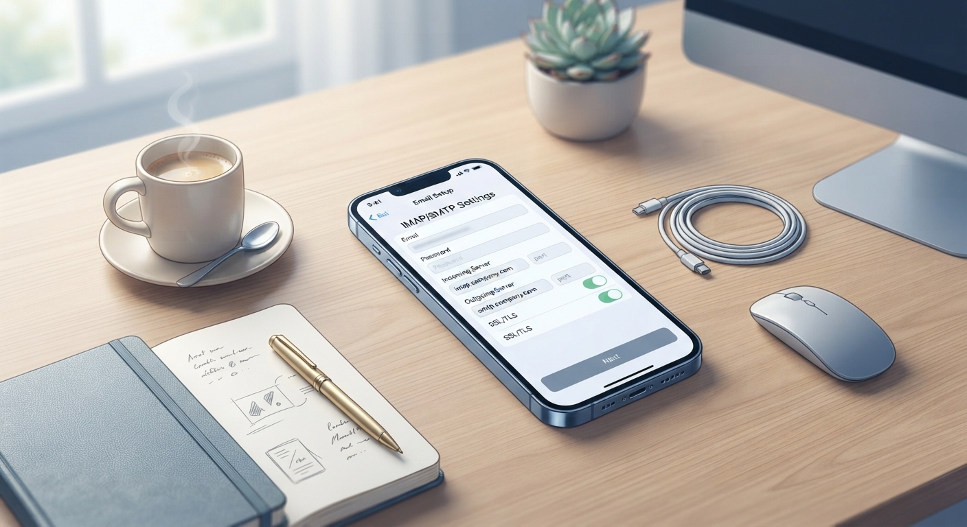 Akıllı telefon ekranında kurumsal e-posta kurulumu (IMAP/SMTP ayarları) yapılan, arka planda kahve fincanı ve not defteri bulunan estetik bir masaüstü görünümü.