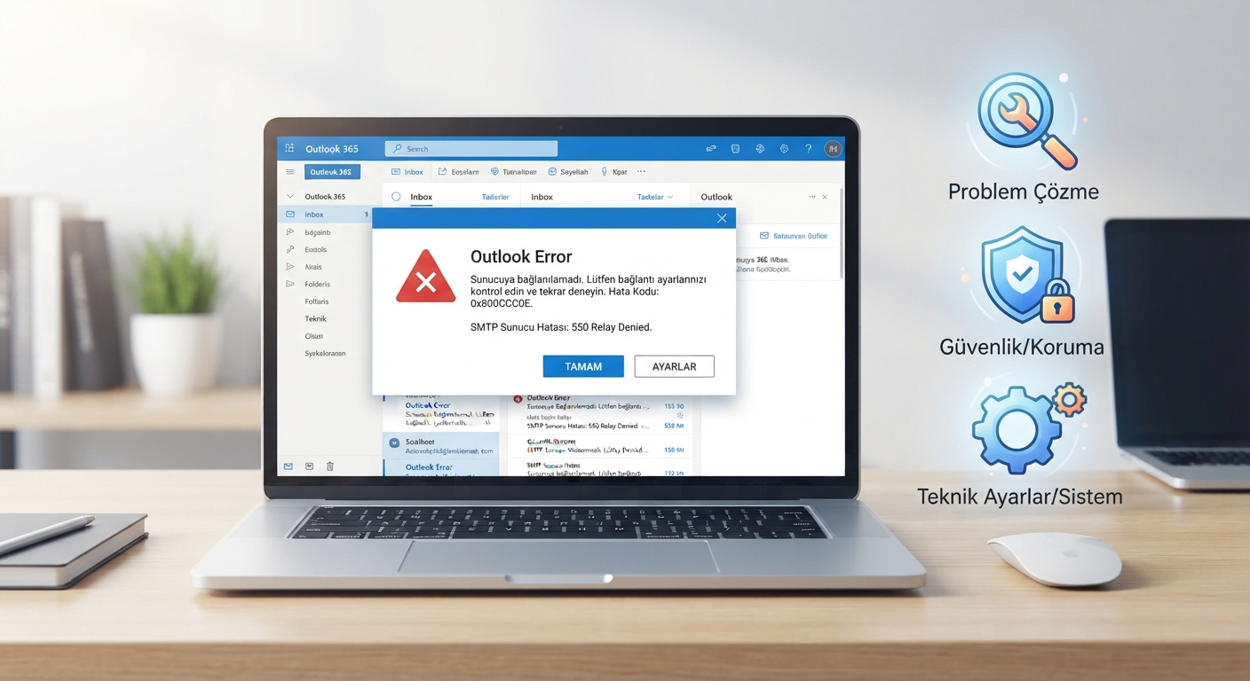 Bilgisayar ekranında Outlook uygulamasının hata mesajı ("Sunucuya bağlanılamadı" veya "550 Relay Denied") gösteren bir uyarı penceresi. Yanında teknik destek ve problem çözme konseptini anlatan bir büyüteç, kalkan ve dişli çark ikonları. Konsept: Outlook mail kurulumu hataları ve profesyonel çözümleri.