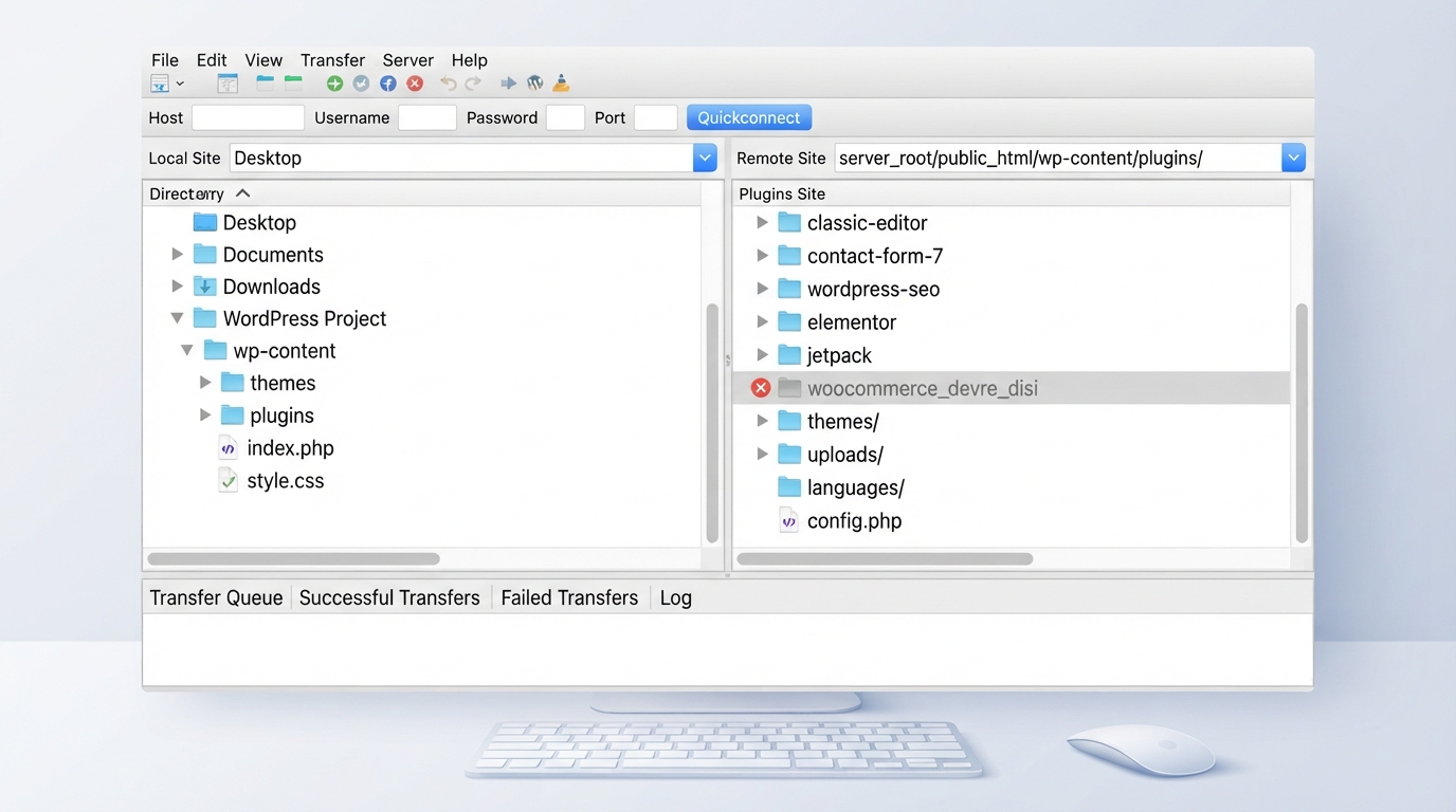 Bir FTP istemcisinde (FileZilla) wp-content/plugins klasörünün görüntüsü. Bir eklenti klasörünün adı "woocommerce_devre_disi" olarak değiştirilmiş, yanında normal eklenti klasörleri görünüyor. Sağ tarafta uzak sunucu dosya yapısı, sol tarafta yerel bilgisayar. Eğitici bir görsel, 1920x1080.
