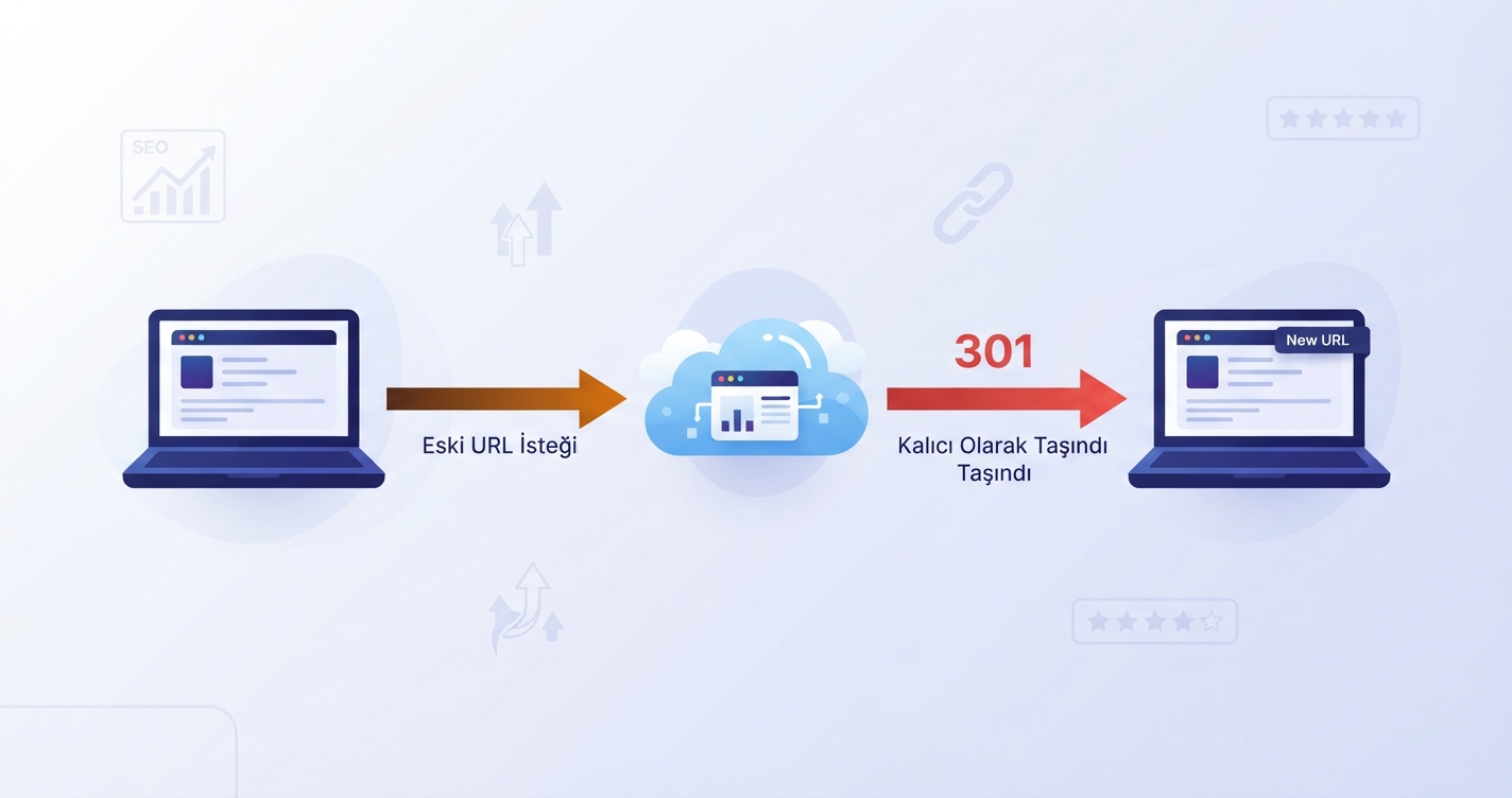 Bir HTTP istek-yanıt döngüsünü gösteren infografik. Sol tarafta bir dizüstü bilgisayar simgesi ve "Eski URL İsteği" yazan bir ok olsun. Ok bir bulut simgesine gitsin. Buluttan çıkan kırmızı bir 301 kodu ve "Kalıcı Olarak Taşındı" mesajı, sağ tarafta yeni bir URL'ye yönlensin. Arka planda SEO ile ilgili küçük ikonlar (sıralama, trafik, backlink) hafifçe görünsün. Stil: Modern, düz tasarım, mor ve turuncu renk paleti. 1200x628 piksel çözünürlüğünde.