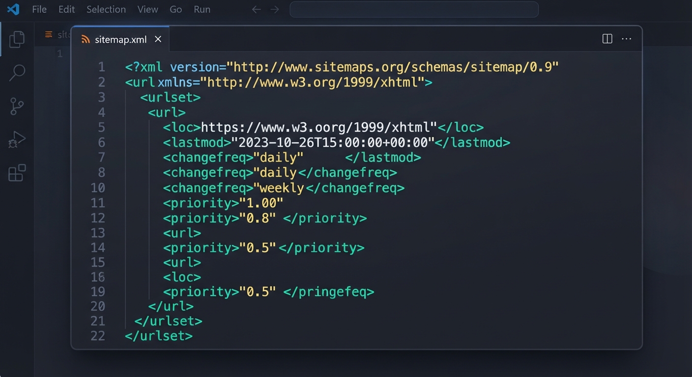 Bir XML site haritası dosyasının kod görünümü - koyu tema arka planda (dark mode IDE), satır numaralarıyla birlikte urlset, url, loc, lastmod, changefreq, priority etiketlerinin vurgulandığı renkli sözdizimi (syntax highlighting) gösterimi. Dosya adı "sitemap.xml" üst kısımda sekme olarak görünüyor. Modern, temiz bir geliştirici arayüzü.