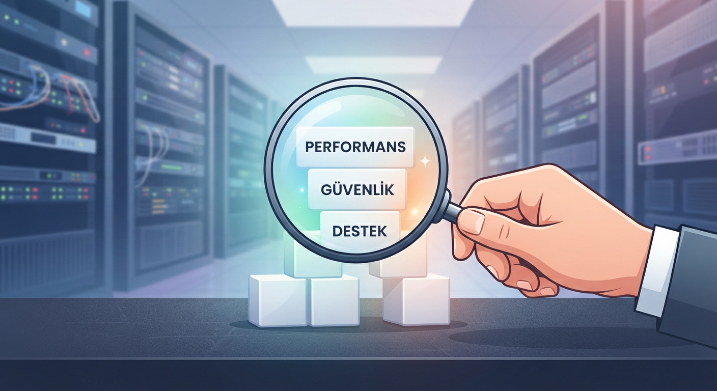 Bir büyüteç altında, performans, güvenlik, destek gibi kavramların yazdığı blokları inceleyen bir el; arkada sunucu rafları görünüyor. Yazı: Hosting Şirketi Seçimi 2026.