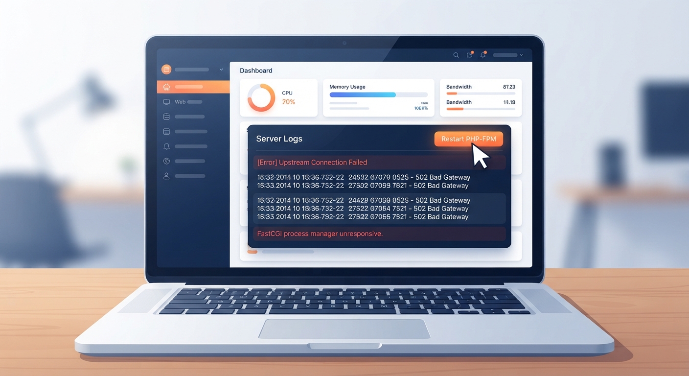 Bir dizüstü bilgisayar ekranının yakın çekimi. Ekranda modern, temiz bir hosting kontrol paneli (KeyHelp gibi) görünüyor. Panelin log ekranında "502 Error" ile ilgili kırmızı renkli hata satırları var. Bir fare imleci, hatanın üzerine gelmiş ve bir çözüm butonuna (örneğin "Restart PHP-FPM") tıklamak üzere. Renk paleti lacivert ve turuncu tonlarında, teknoloji hissi yüksek.