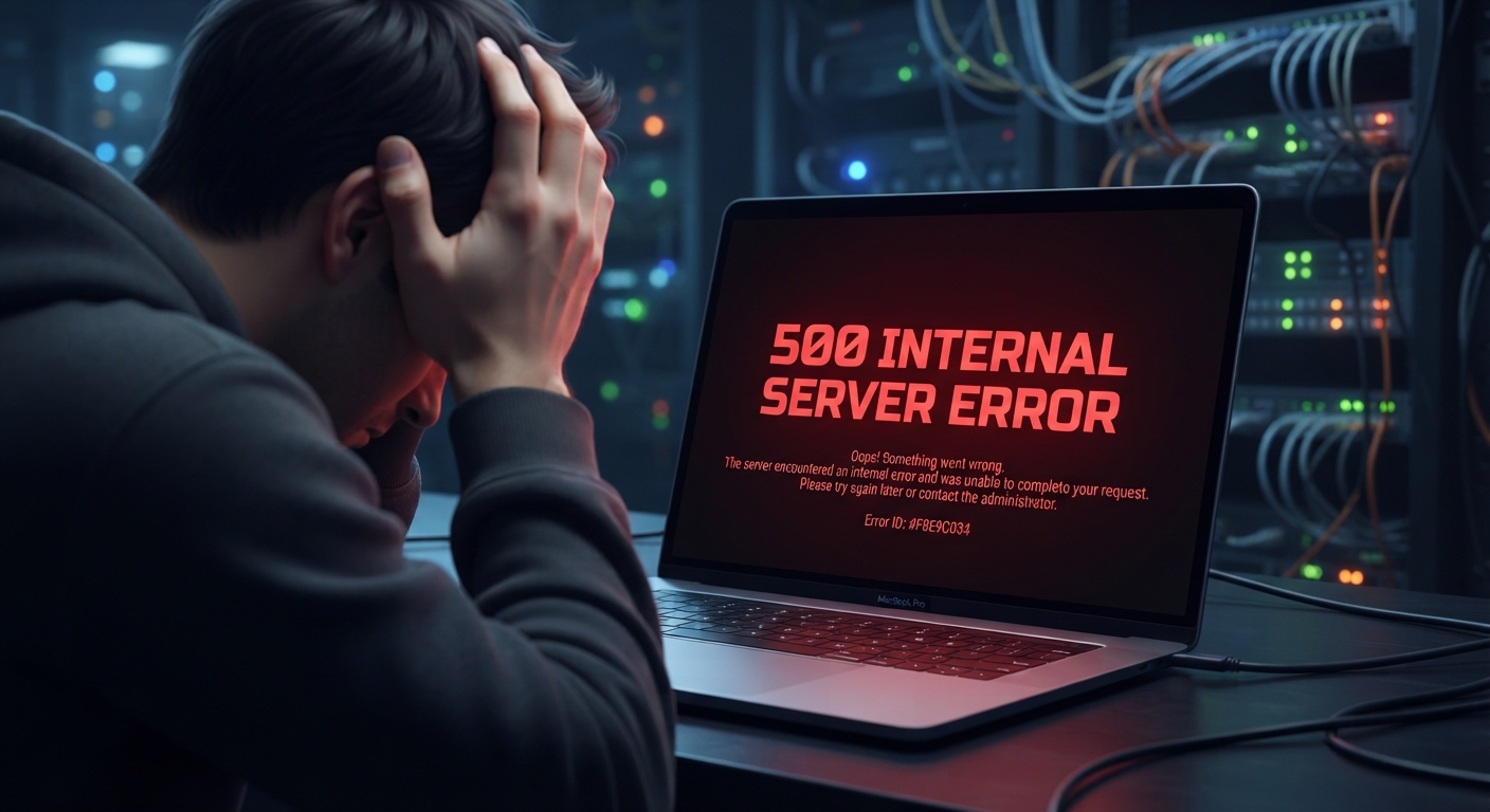 Bir dizüstü bilgisayar ekranının yakın plan görüntüsü. Ekranda büyük, kırmızı ve futuristik bir fontla "500 Internal Server Error" yazıyor. Arka planda, bulanık bir şekilde sunucu ışıkları ve kablolar gözüküyor. Kullanıcı stresli bir şekilde başını iki elinin arasına almış. Renk paleti karanlık, tekno ve dramatik. Kompozisyon: altın oran, odak hatanın kendisinde.