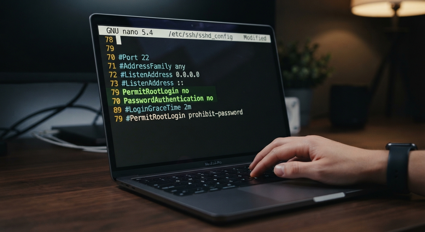 Bir dizüstü bilgisayarın terminal ekranına yakın çekim. Ekranda nano editörü içinde /etc/ssh/sshd_config dosyası görünüyor. "PermitRootLogin no" ve "PasswordAuthentication no" satırları farklı bir renkle (yeşil) vurgulanmış. Klavyede bir el beliriyor. Arka plan flu, karanlık bir oda.