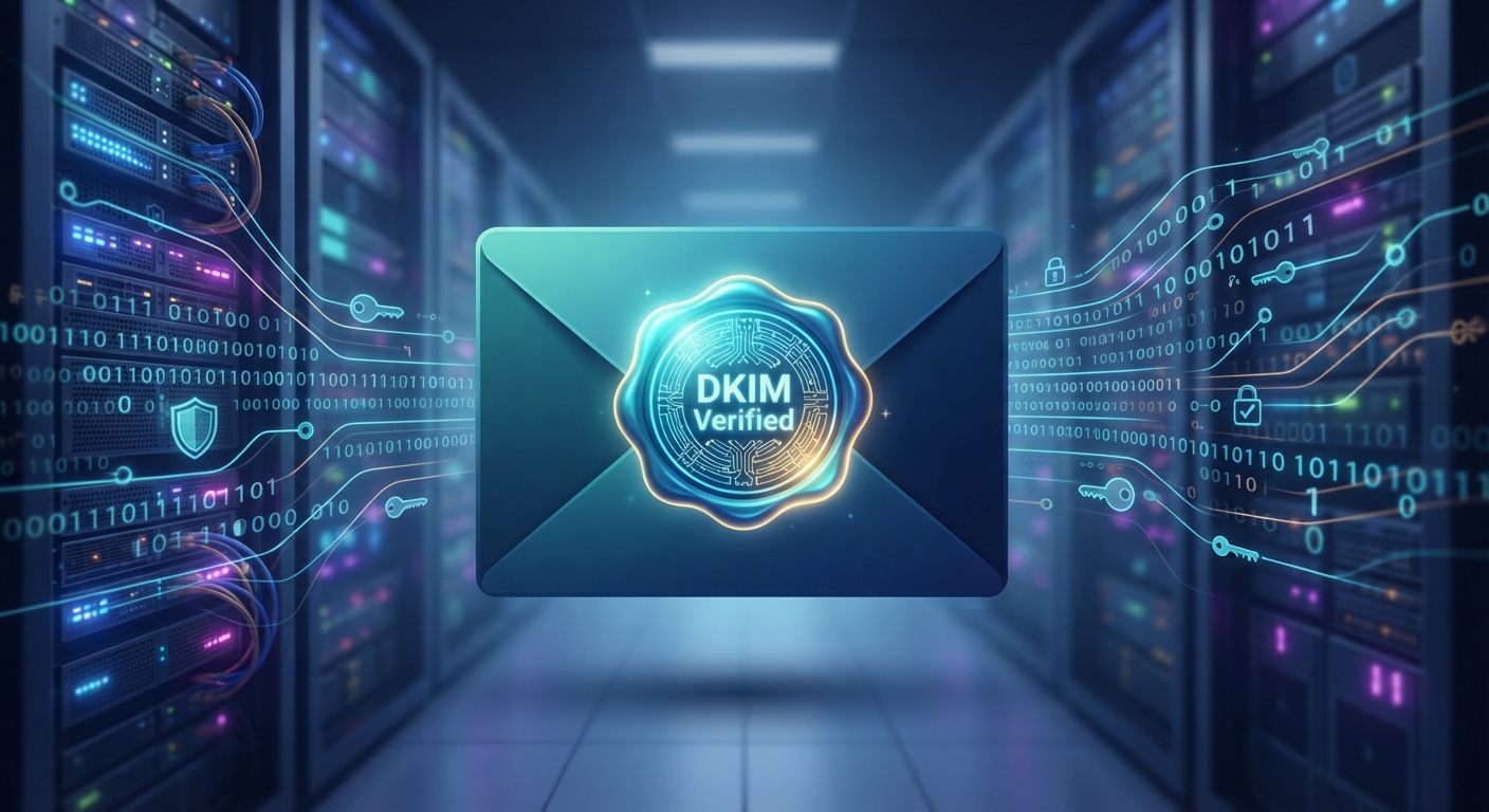 Bir e-posta zarfının üzerinde parlayan dijital bir mühür. Mührün üzerinde "DKIM Verified" yazıyor. Arka planda sunucu rafları ve kriptografik kod akışları.