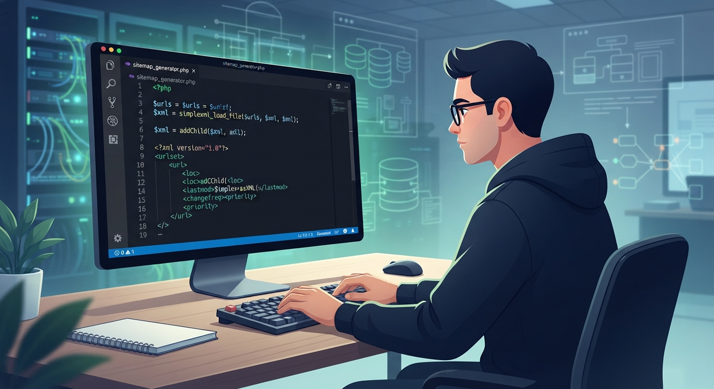Bir geliştiricinin IDE ekranında PHP kodu yazdığı, arka planda sunucu rafı ve veritabanı diyagramlarının hafifçe göründüğü modern bir illüstrasyon. Kod editöründe "sitemap_generator.php" dosyası açık, XML etiketleri renklendirilmiş. Renk paleti: koyu lacivert, yeşil vurgular. Profesyonel yazılım geliştirme atmosferi.