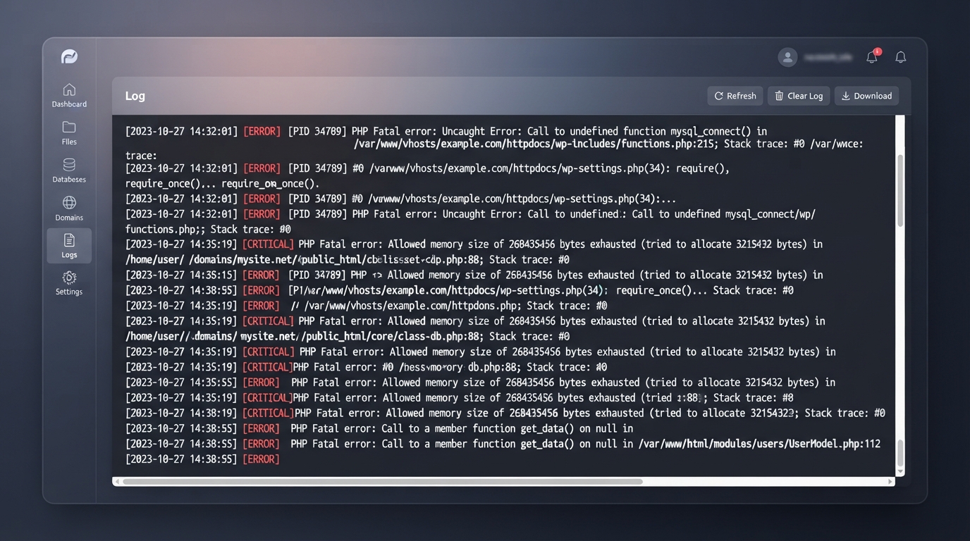 Bir hosting kontrol panelinde (KeyHelp) error log ekranının detaylı görüntüsü. Ekranda PHP fatal error mesajları, zaman damgaları, dosya yolları ve hata satır numaraları kırmızı renkle vurgulanmış halde görünüyor. Arayüz temiz, modern bir kontrol paneli tasarımında, log satırları net okunabilir şekilde. Eğitici bir ekran görüntüsü, 1920x1080.
