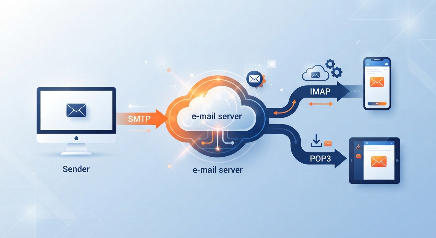 Bir mektubun dijital yolculuğunu gösteren infografik. Sol tarafta bir gönderici bilgisayarı (SMTP etiketiyle), ortada bulut şeklinde bir e-posta sunucusu, sağ tarafta ise alıcı cihazları (POP3 ve IMAP etiketleriyle iki farklı yol). Renk paleti SaviorHost'un kurumsal kimliğine uygun koyu mavi, beyaz ve turuncu tonlarında, minimalist ve anlaşılır vektörel tasarım.