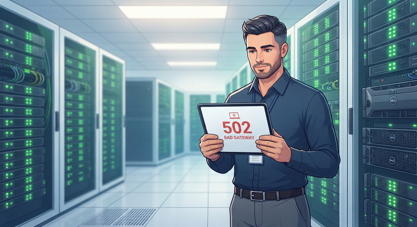 Bir sistem yöneticisinin elinde tablet, parlak bir sunucu odasının önünde duruyor. Tablette büyük ve kırmızı bir "502 Bad Gateway" uyarı mesajı var. Yönetici sakin bir şekilde ekrana bakıyor. Arka planda yanan yeşil sunucu LED'leri, sorunun yazılımsal olduğunu ve kontrol edilebilir olduğunu ima ediyor. Net, profesyonel bir stok fotoğraf havasında.