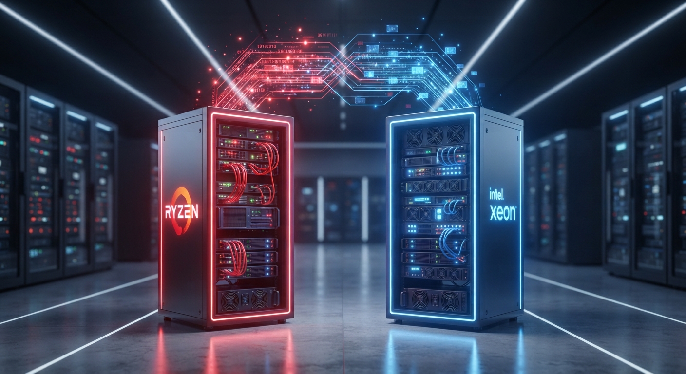 Bir sunucu odasında yan yana duran, bir tarafında kırmızı neon ışıklarla AMD Ryzen logosu, diğer tarafında mavi neon ışıklarla Intel Xeon logosu bulunan, veri akışını gösteren fütüristik ve profesyonel bir 3D illüstrasyon. (ryzen vs xeon sunucu konsepti)