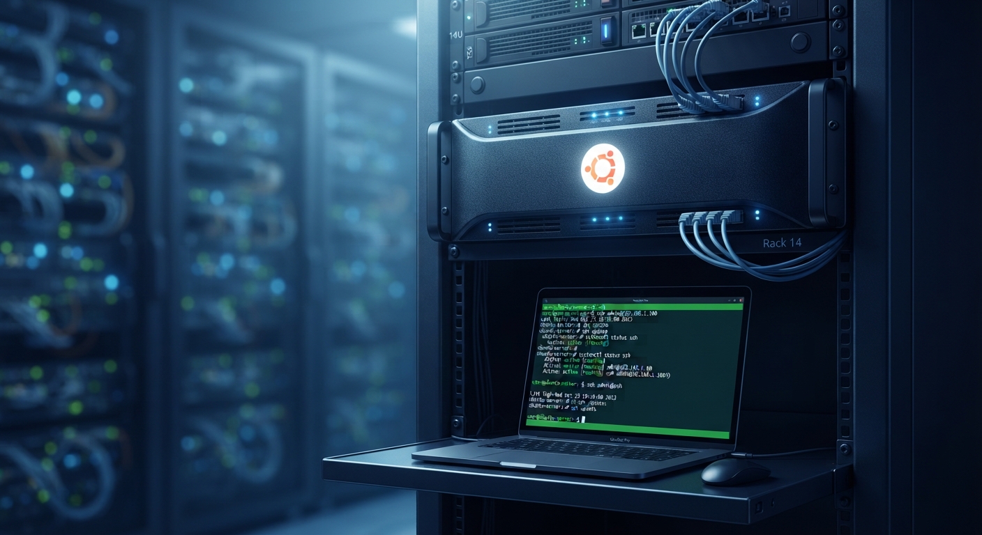 Bir veri merkezinde, ön panelinde Ubuntu logosu parlayan, koyu renkli bir raf tipi sunucunun yakın çekim görüntüsü. Arka planda mavi ve yeşil yanan diğer sunucu ışıkları hafif bulanık. Sunucunun önünde bir bilgisayar ekranında terminal komutları görünüyor. Güvenlik hissi veren koyu mavi ve siyah renk paleti.