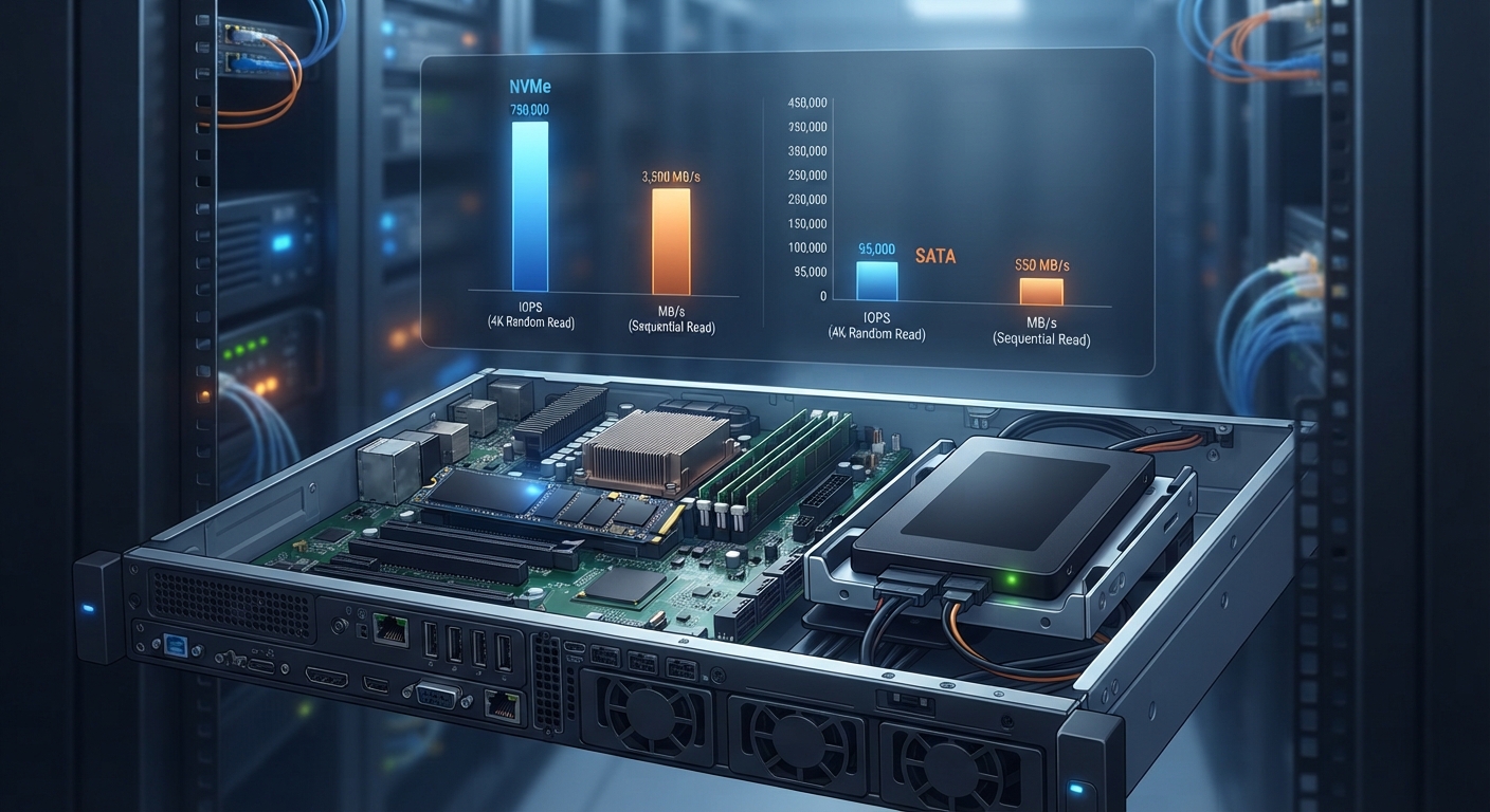 Bir web hosting sunucusunun iç yapısını gösteren, NVMe M.2 SSD ve SATA SSD disklerin yan yana monte edildiği, arka planda IOPS ve MB/s hız değerlerinin karşılaştırmalı olarak infografik şeklinde yansıtıldığı profesyonel veri merkezi fotoğrafı