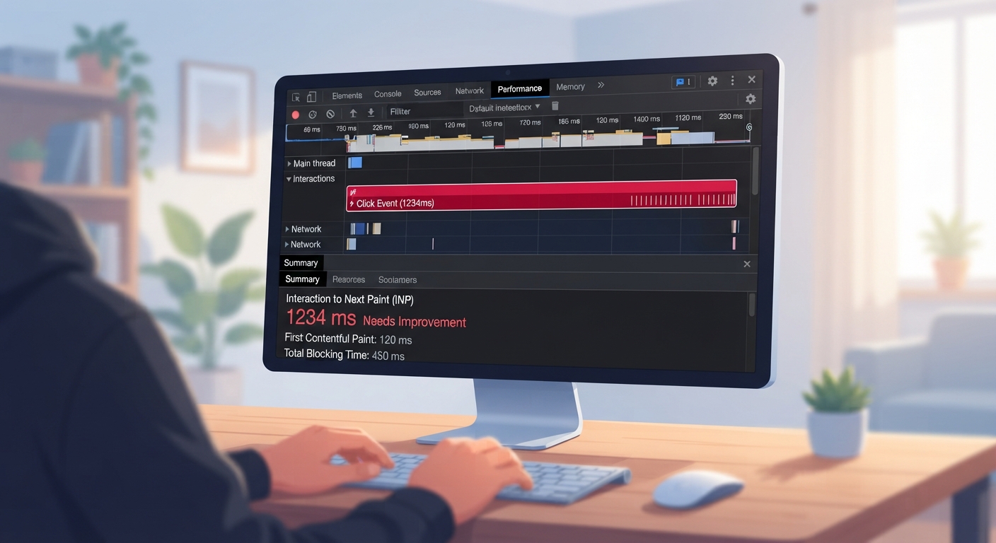 Bir yazılım geliştiricinin ekranına odaklanmış bir görüntü. Ekranda Chrome DevTools'un Performance paneli açık. Grafikte 'Interactions' şeridi vurgulanmış ve üzerinde uzun bir kırmızı blok göze çarpıyor. Alttaki özet bölümünde ise 'Interaction to Next Paint (INP)' ibaresi ve milisaniye cinsinden yüksek bir değer net bir şekilde okunuyor.