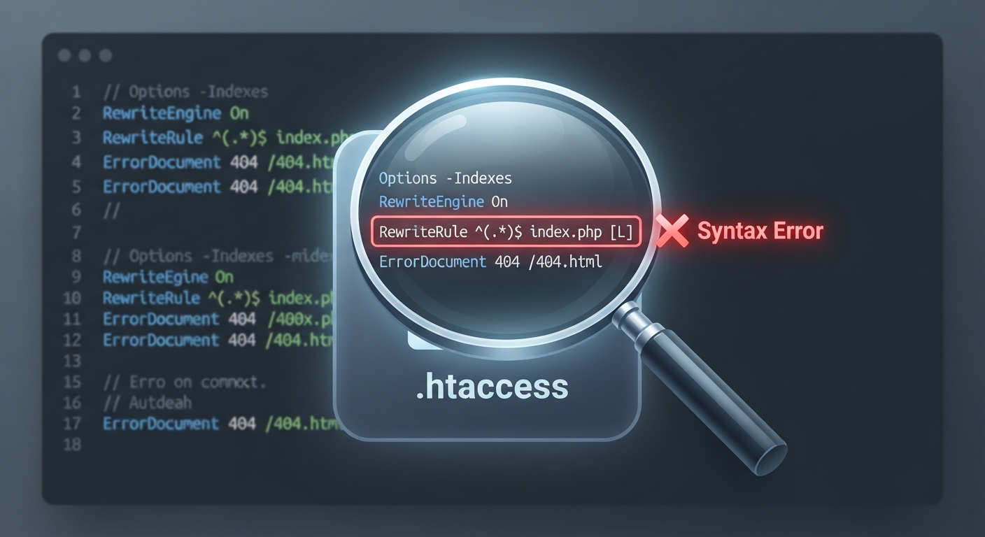 Büyülteç altında büyütülmüş bir .htaccess dosyası ikonu. Dosyanın içindeki kod satırlarından biri kırmızı bir çarpı işaretiyle vurgulanmış ve "Syntax Error" yazıyor. Arka plan kod editörü görünümünde, renk paleti koyu tema (dark mode). Görsel, "hatalı kod" konseptini anlatıyor.