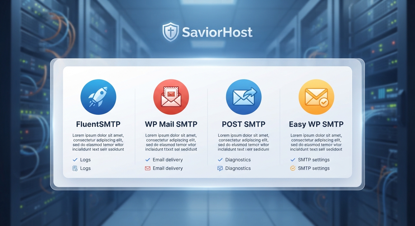 Dört adet orta boy WordPress eklenti logosunun (FluentSMTP, WP Mail SMTP, Post SMTP, Easy WP SMTP) yan yana durduğu, her birinin altında 1-2 cümlelik güçlü yanlarının yazdığı minimalist bir karşılaştırma grafiği. Arka planda hafif bir sunucu rafı illüstrasyonu ve "SaviorHost" amblemi bulunsun.