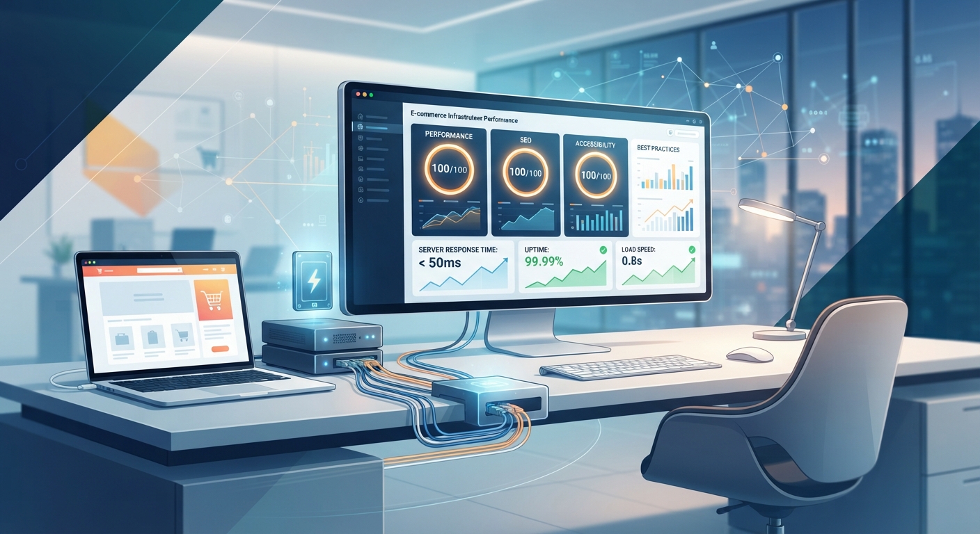 E-ticaret sitesi altyapısını gösteren, ekranlarda performans metrikleri ve '100/100' skorlarının yer aldığı bir çalışma ortamı. Hızlı hosting ve SSD diskleri simgeleyen teknolojik detaylar.
