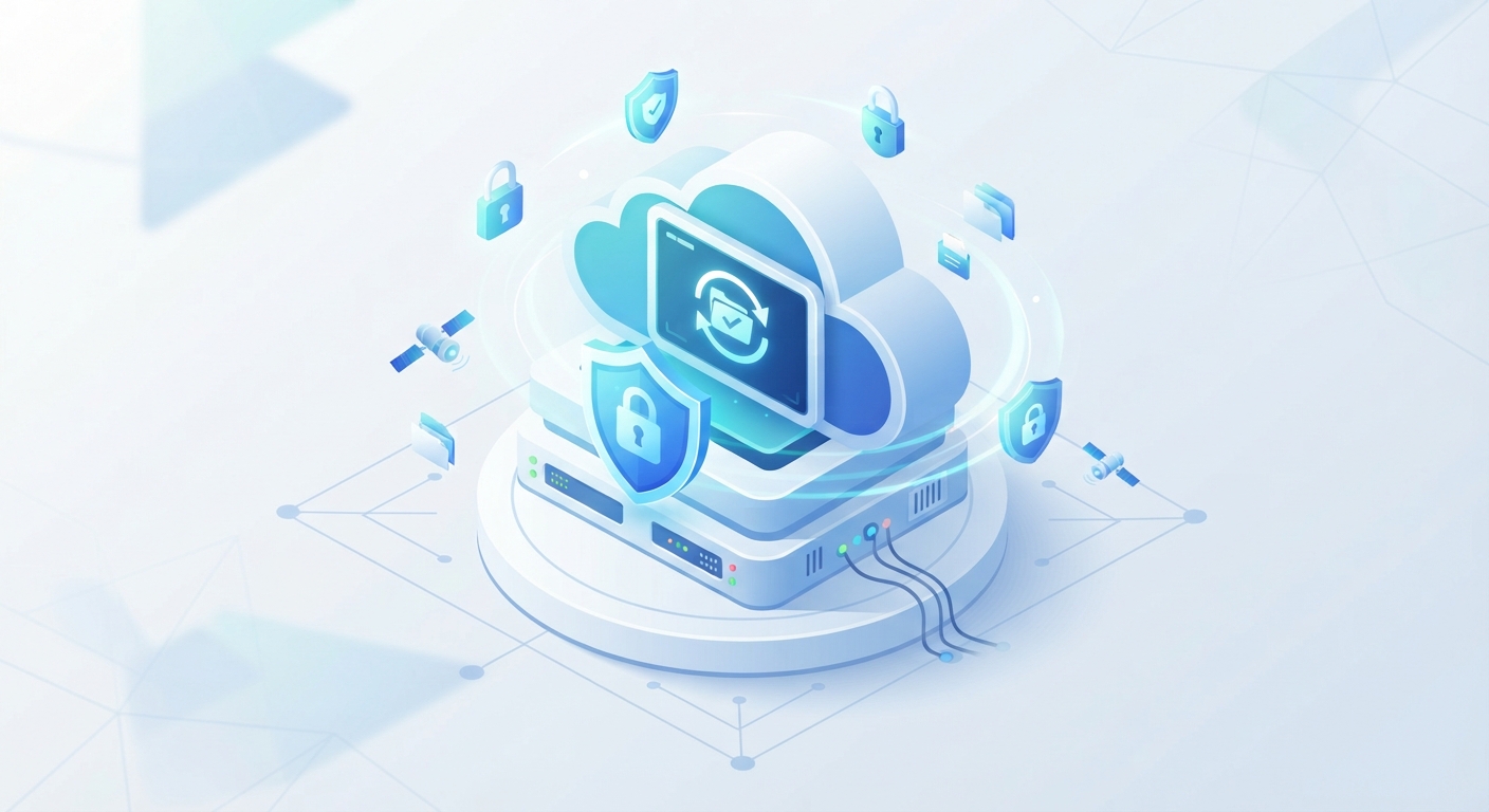 Ekranda bir yedekleme (backup) ikonunun bulunduğu, etrafında kilit ve kalkan sembolleriyle veri güvenliğinin vurgulandığı, 3D izometrik tarzda bulut sunucu illüstrasyonu. Temiz, minimalist ve güven veren bir konsept.