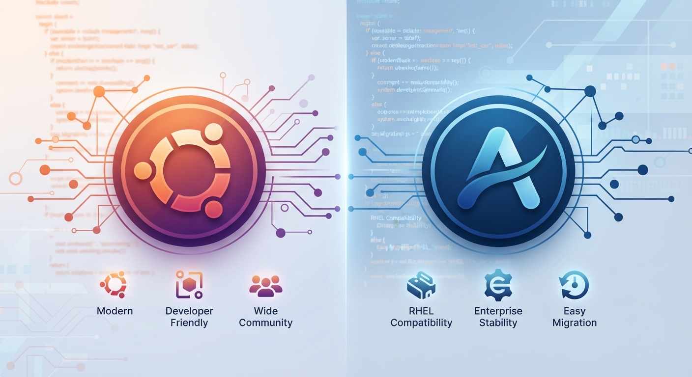Ekranın ikiye bölündüğü bir infografik tasarımı. Sol tarafta turuncu ve mor renk tonlarıyla Ubuntu logosu, altında 'Modern, Geliştirici Dostu, Geniş Topluluk' yazıyor. Sağ tarafta mavi tonlarda AlmaLinux logosu, altında 'Birebir RHEL Uyumu, Kurumsal Stabilite, Kolay Geçiş' yazıyor. Arka planda kod satırları akıyor.