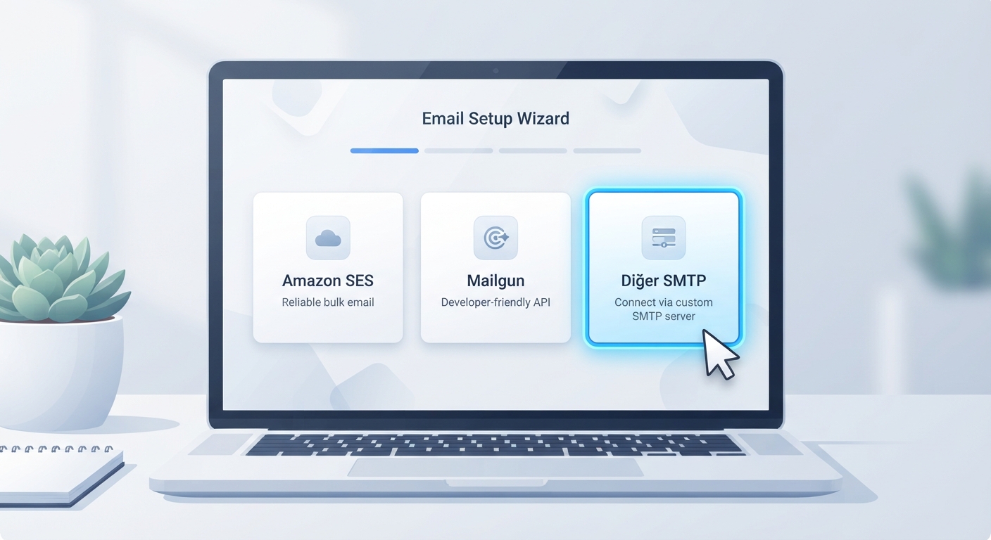 FluentSMTP eklentisinin ilk kurulum sihirbazının ekran görüntüsü. Üç büyük kart şeklinde seçenek görünüyor: "Amazon SES", "Mailgun" ve "Diğer SMTP". "Diğer SMTP" kartı parlak mavi bir çerçeve ile vurgulanmış, üzerinde bir fare imleci var. Arayüz Türkçe.