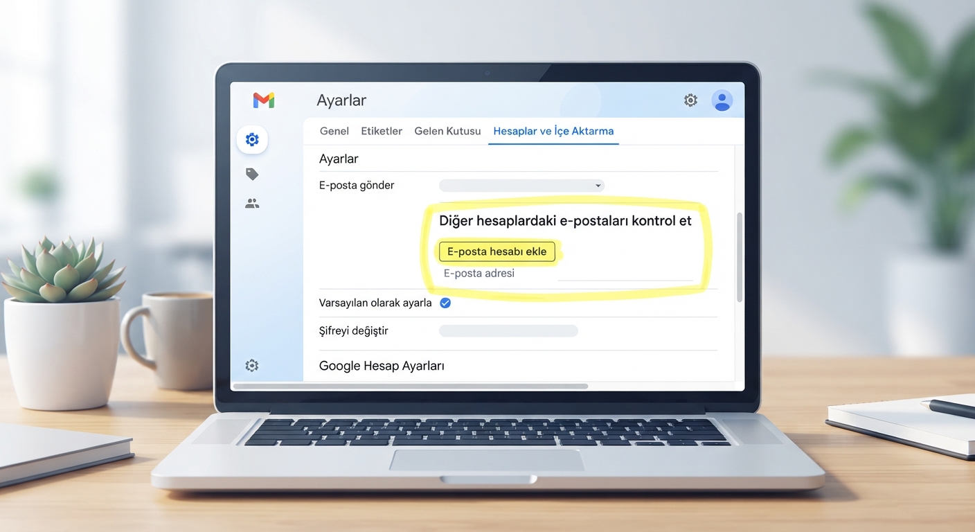 Gmail web arayüzünde 'Hesaplar ve İçe Aktarma' sekmesinin açık olduğu, 'Diğer hesaplardaki e-postaları kontrol et' ve 'E-posta hesabı ekle' butonlarının sarı bir fosforlu kalem efektiyle çizildiği detaylı ekran görüntüsü.