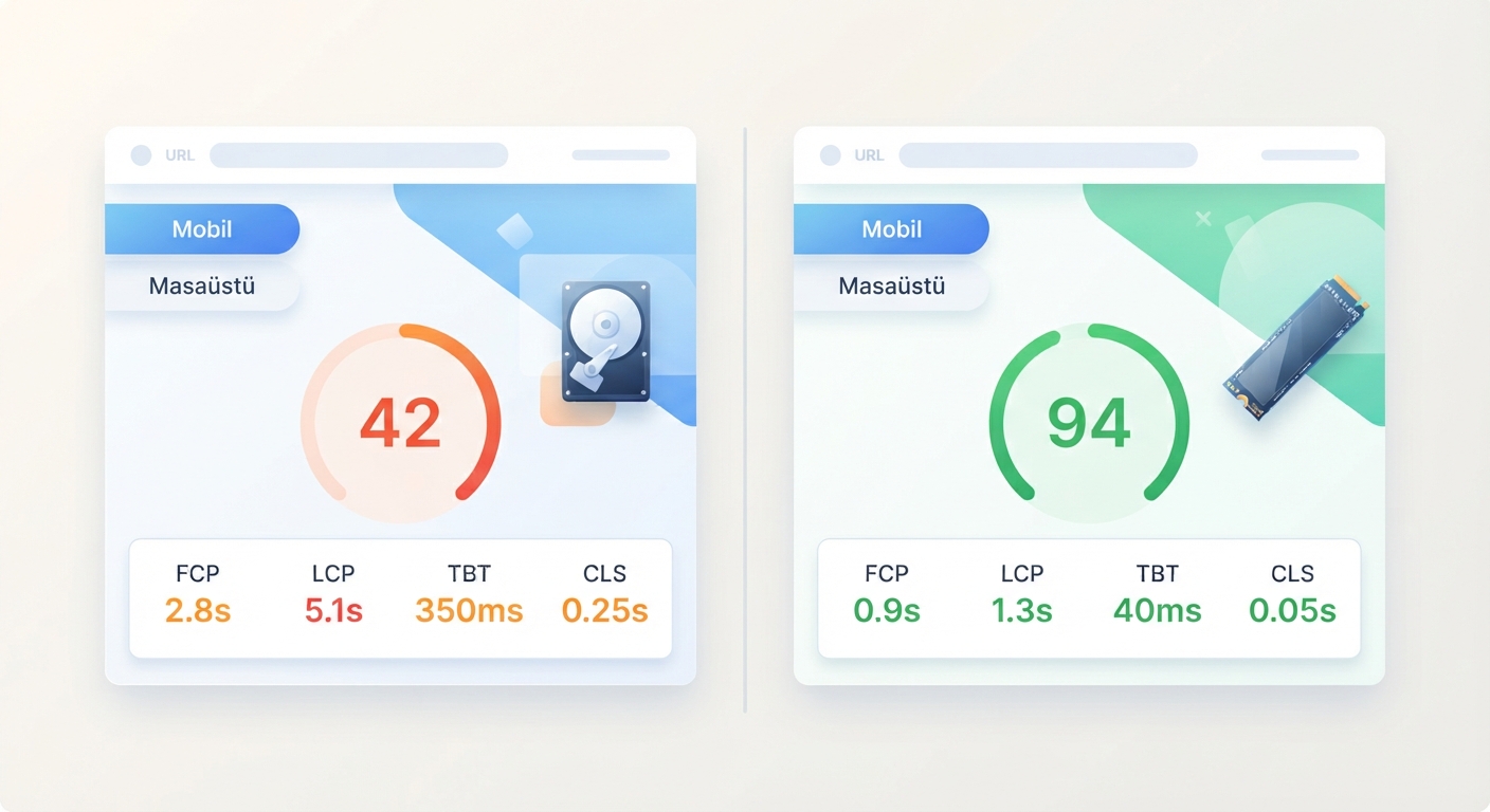 Google PageSpeed Insights veya GTmetrix ekranında, aynı web sitesinin SATA SSD'deki düşük skoru ile NVMe SSD'deki yüksek performans skorunun yan yana karşılaştırıldığı, mobil ve masaüstü sonuçlarının gösterildiği bölünmüş ekran görüntüsü