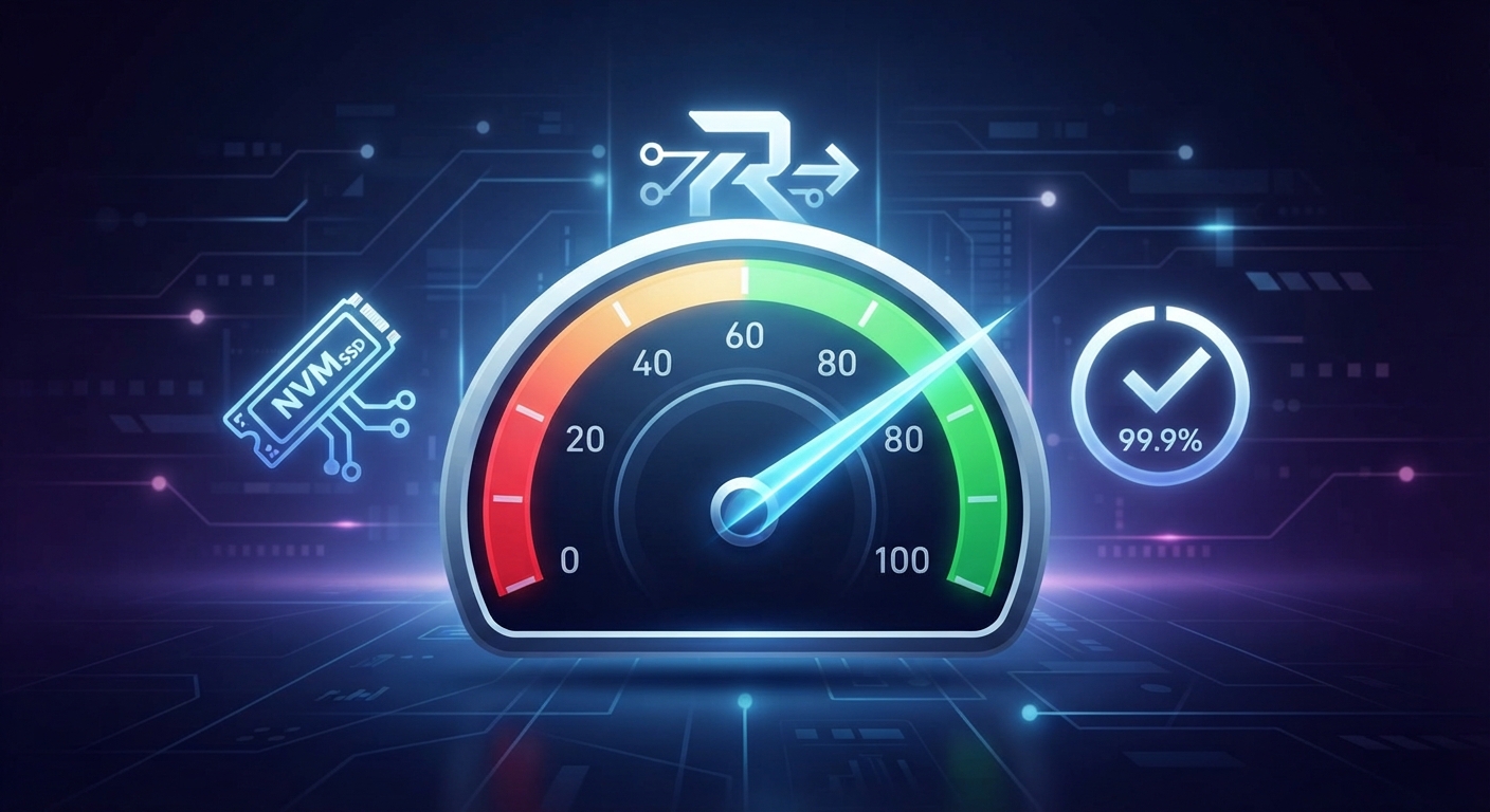Hız göstergesi (spedometre) ibresi 'kırmızı' bölgeden 'yeşil' bölgeye geçerken arkada NVMe SSD, AMD Ryzen ve .9 Uptime yazıları olan bir infografik.