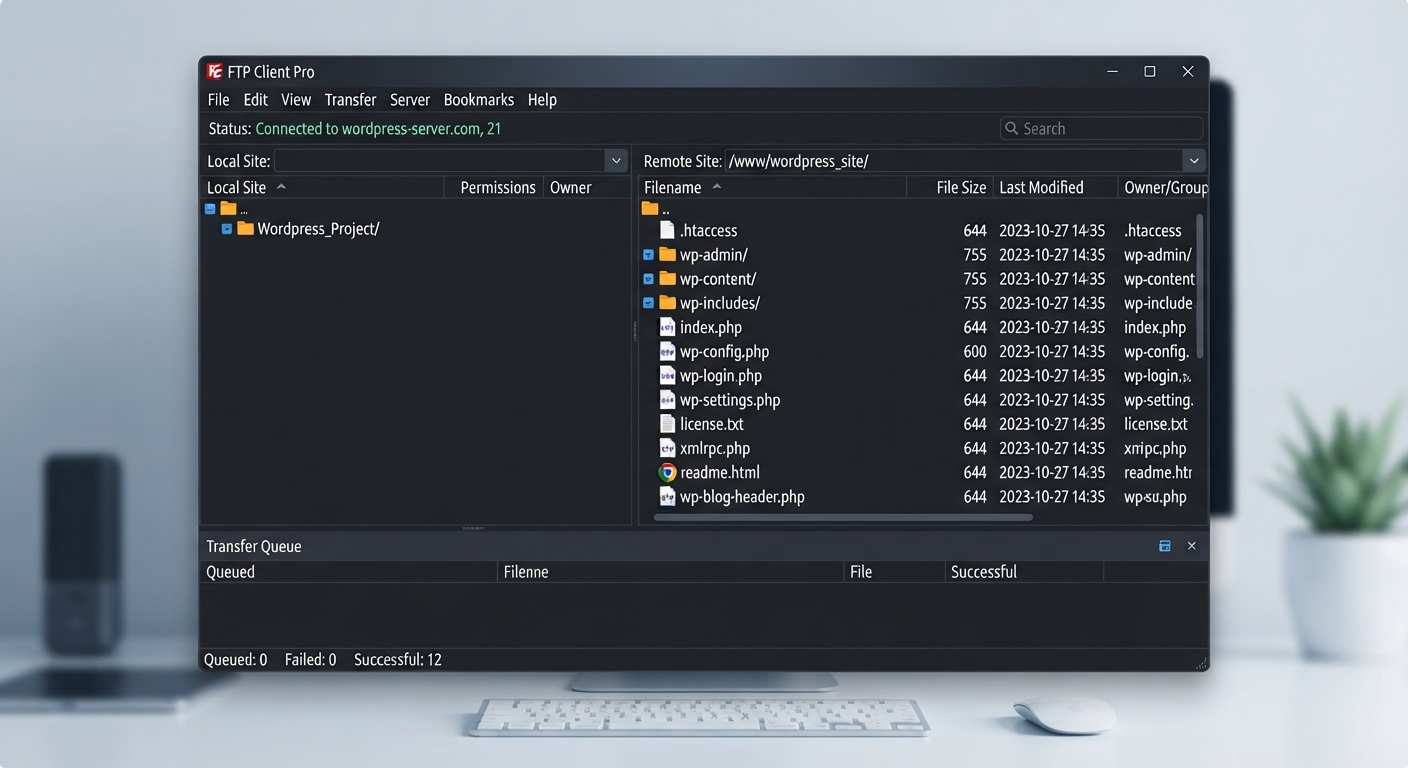 Karanlık modda bir FTP istemcisi (FileZilla gibi) ekran görüntüsü. Sağ taraftaki uzak sunucu panelinde bir WordPress kurulumunun dosya izinleri (permissions) sütunu net bir şekilde görünüyor. İzinler sayısal (644, 755) olarak listelenmiş. Klasör ve dosya simgeleri belirgin. Profesyonel ve teknik bir atmosfer.