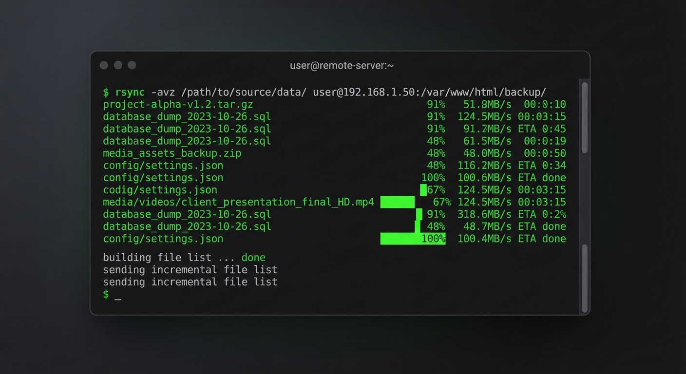 Karanlık temalı bir terminal ekranı görüntüsü. Ekranda yeşil yazılarla 'rsync -avz' komutu çalışıyor ve dosyaların yüzde oranlarıyla karşı sunucuya aktarıldığı bir progress bar görünüyor. Teknik, gerçekçi ve net bir ekran görüntüsü tasarımı.