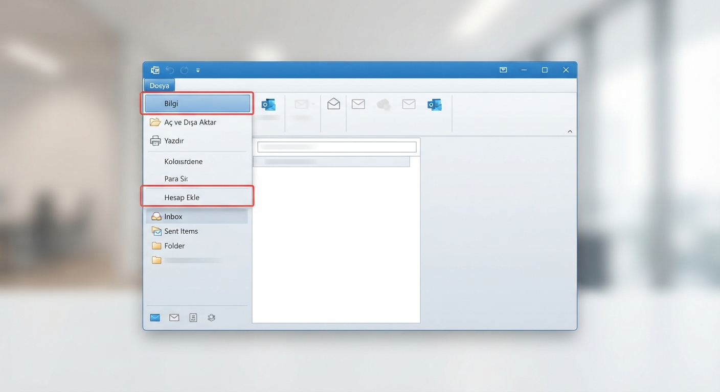 Klasik Microsoft Outlook arayüzünde sol üst köşedeki 'Dosya' (File) menüsünün açık olduğu ve 'Hesap Ekle' (Add Account) butonunun kırmızı bir dikdörtgen ile vurgulandığı detaylı bir ekran görüntüsü tasarımı. İşlem adımlarını gösteren temiz bir grafik. Odak anahtar kelime: outlook kurumsal mail kurulumu.