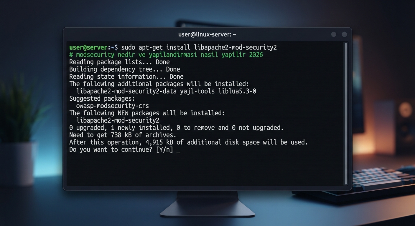 Linux terminal ekranı görünümü. Siyah arka plan üzerinde yeşil ve beyaz renkli yazılarla 'apt-get install libapache2-mod-security2' komutu çalıştırılıyor. Ekranda 'modsecurity nedir ve yapilandirmasi nasil yapilir 2026' metni küçük bir yorum satırı olarak yer alıyor. Modern ve teknik bir görünüm.