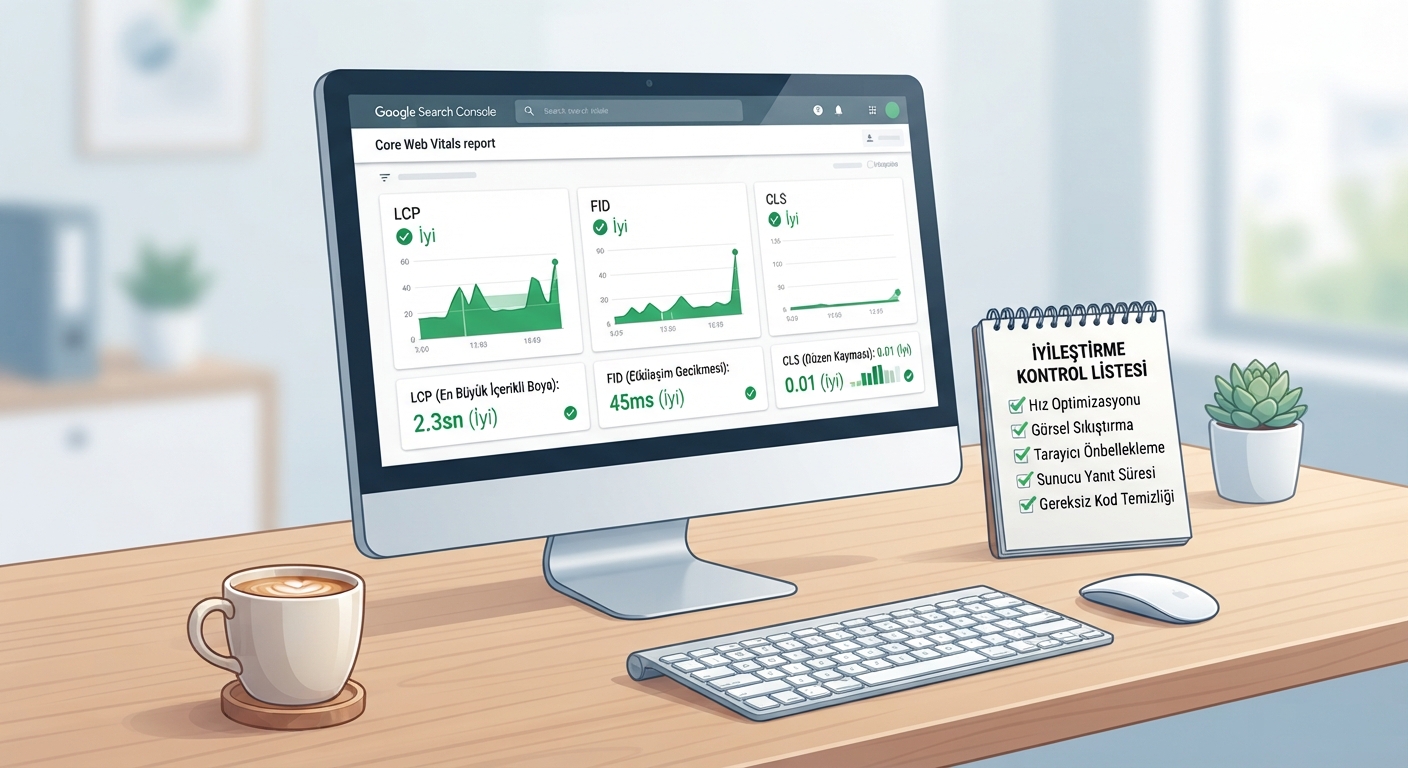 Minimal ve düzenli bir masa üstü. Üzerinde bir fincan kahve, bir klavye ve büyük bir monitör var. Monitör ekranında, Google Search Console'un Core Web Vitals raporunun 'İyi' (Yeşil tik) simgesiyle dolu bir grafik görünüyor. Ekranın hemen yanında, üzerinde maddeler halinde 'İyileştirme Kontrol Listesi' yazan bir not defteri duruyor.