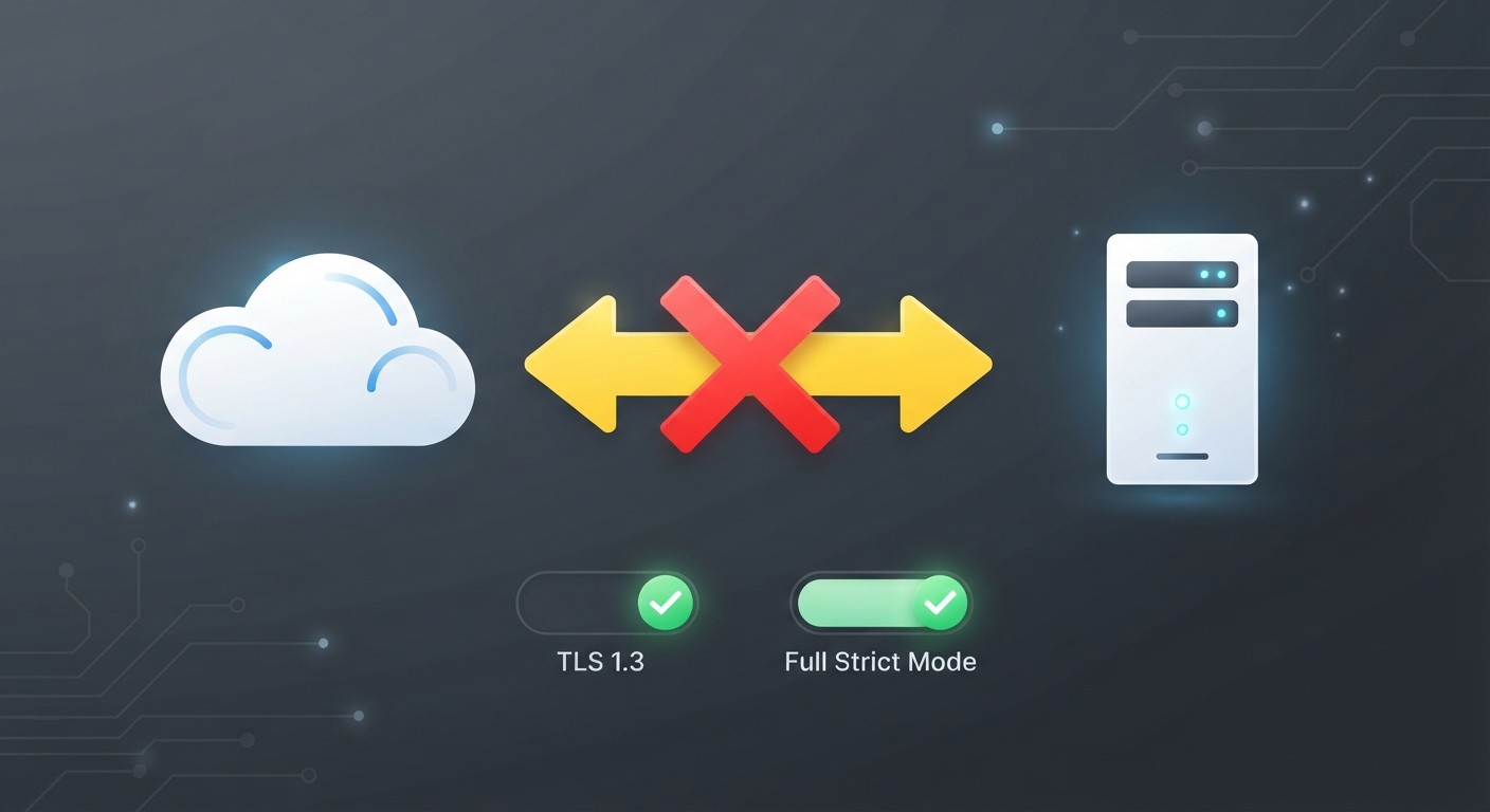 Minimalist bir infografik. Sol tarafta bir bulut simgesi (Cloudflare logosu), ortada iki yönlü sarı bir ok, sağda bir sunucu kulesi simgesi var. Okun üzerinde "502" yazıyor ama üzeri kırmızı bir çarpı ile işaretlenmiş. Alt kısımda ise yeşil onay işaretiyle "TLS 1.3" ve "Full Strict Mode" anahtarları gösteriliyor. Arka plan koyu gri, hatasız bağlantıyı temsil ediyor.