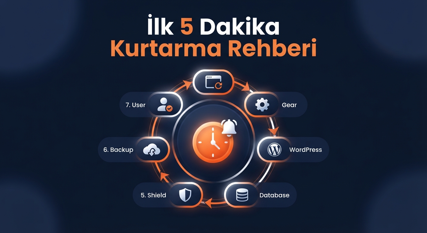 Minimalist ve modern bir infografik. Üst kısımda büyükçe "İlk 5 Dakika Kurtarma Rehberi" yazıyor. Altta, 7 adımlı bir akış şeması var. Şema, bir saat ikonunun etrafında dairesel olarak ilerliyor. Renkler: koyu lacivert arka plan, turuncu ve beyaz vurgular. Her adımda küçük ikonlar (tarayıcı, dişli çark, WordPress logosu) bulunuyor.