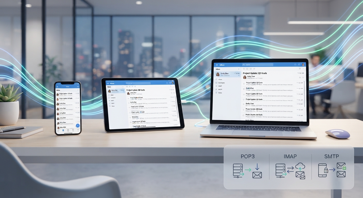 Modern bir ofis ortamında, üç farklı ekran (akıllı telefon, tablet ve laptop) üzerinde aynı e-posta gelen kutusunun senkronize bir şekilde açık olduğu, arka planda veri akışını temsil eden mavi ve yeşil neon çizgilerin bulunduğu, yüksek çözünürlüklü, teknolojik ve profesyonel bir 3D illüstrasyon. Görselin bir köşesinde şeffaf bir şekilde pop3 imap smtp farkı kavramını simgeleyen ikonlar (zarf, bulut, kilit) yer almalı.